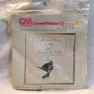 New Crewel Kit Vintage 70s Erica Wilson Chessie CAT Baby Birth Sampler CM 7922 E